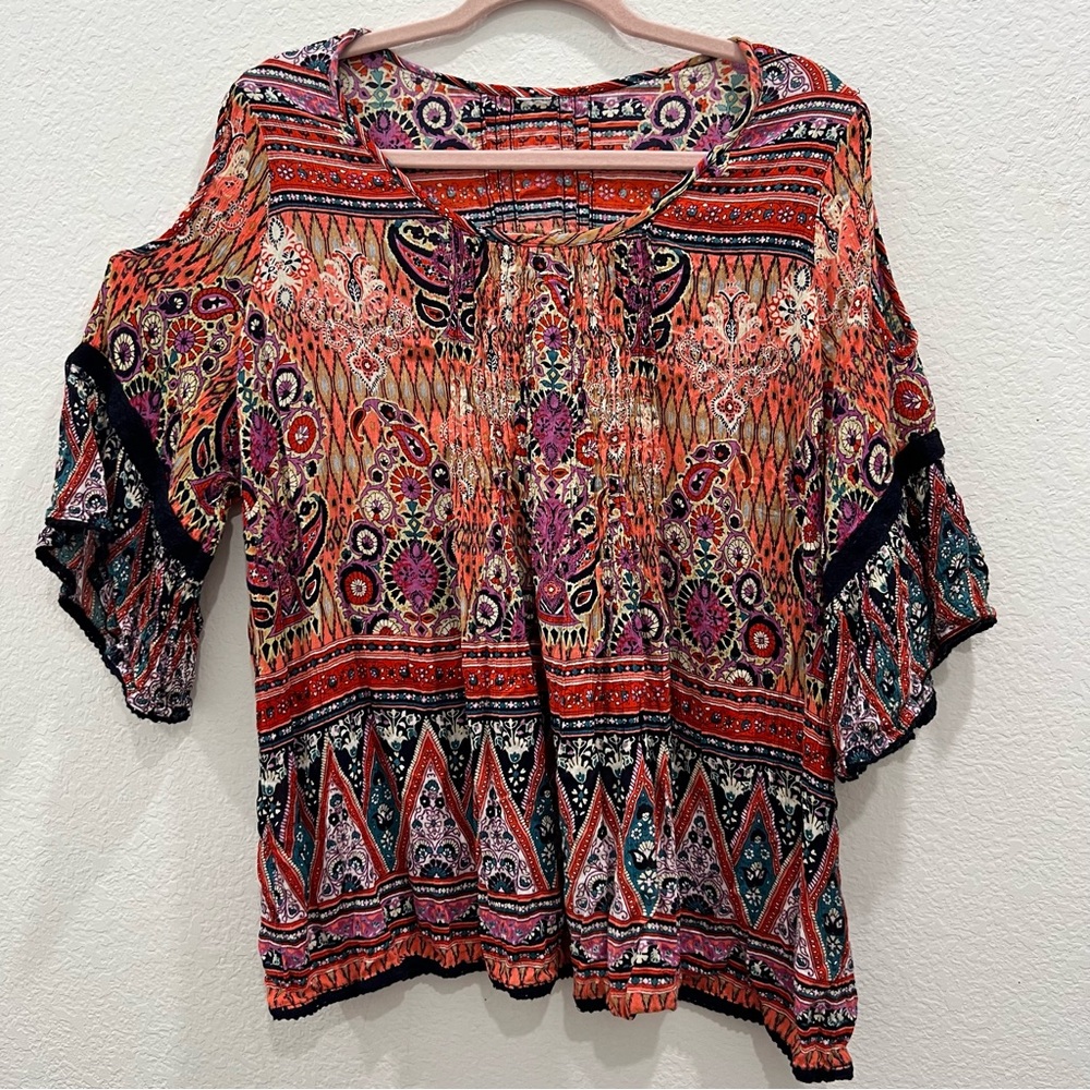 BILA Boho Peasant Blouse Cold Shoulder‎ Floral Paisley Crochet Size XXL